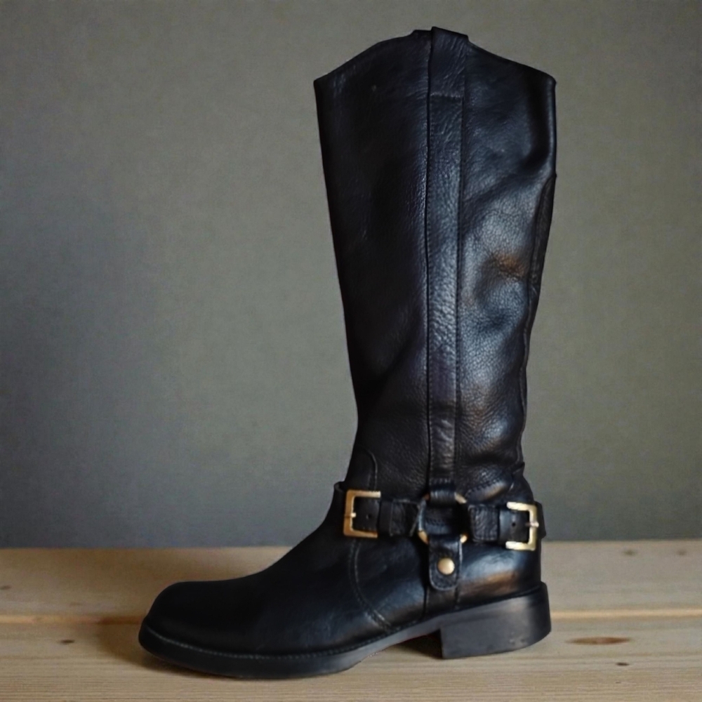 MIZ MOOZ - Women's Black Genuine Leather Buckle Knee High Riding Boots Size 8